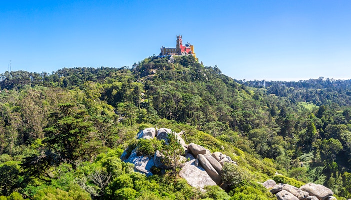 Pena Palace Park in Sintra with colorful palace towers and lush green gardens.