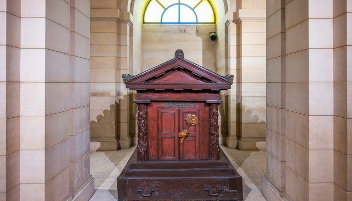 The Tomb of Jean-Jacques Rousseau in the crypt of Pantheon in Paris, France