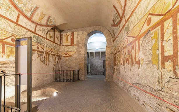 Frescoed walls in the Roman Houses of the Celio Hill Underground, Rome.