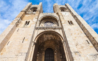 Lisbon Cathedral facade, part of Fado Murder Mystery city exploration game.