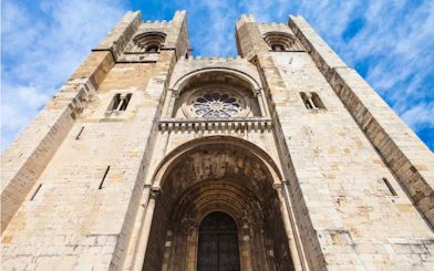 Lisbon Cathedral facade, part of Fado Murder Mystery city exploration game.
