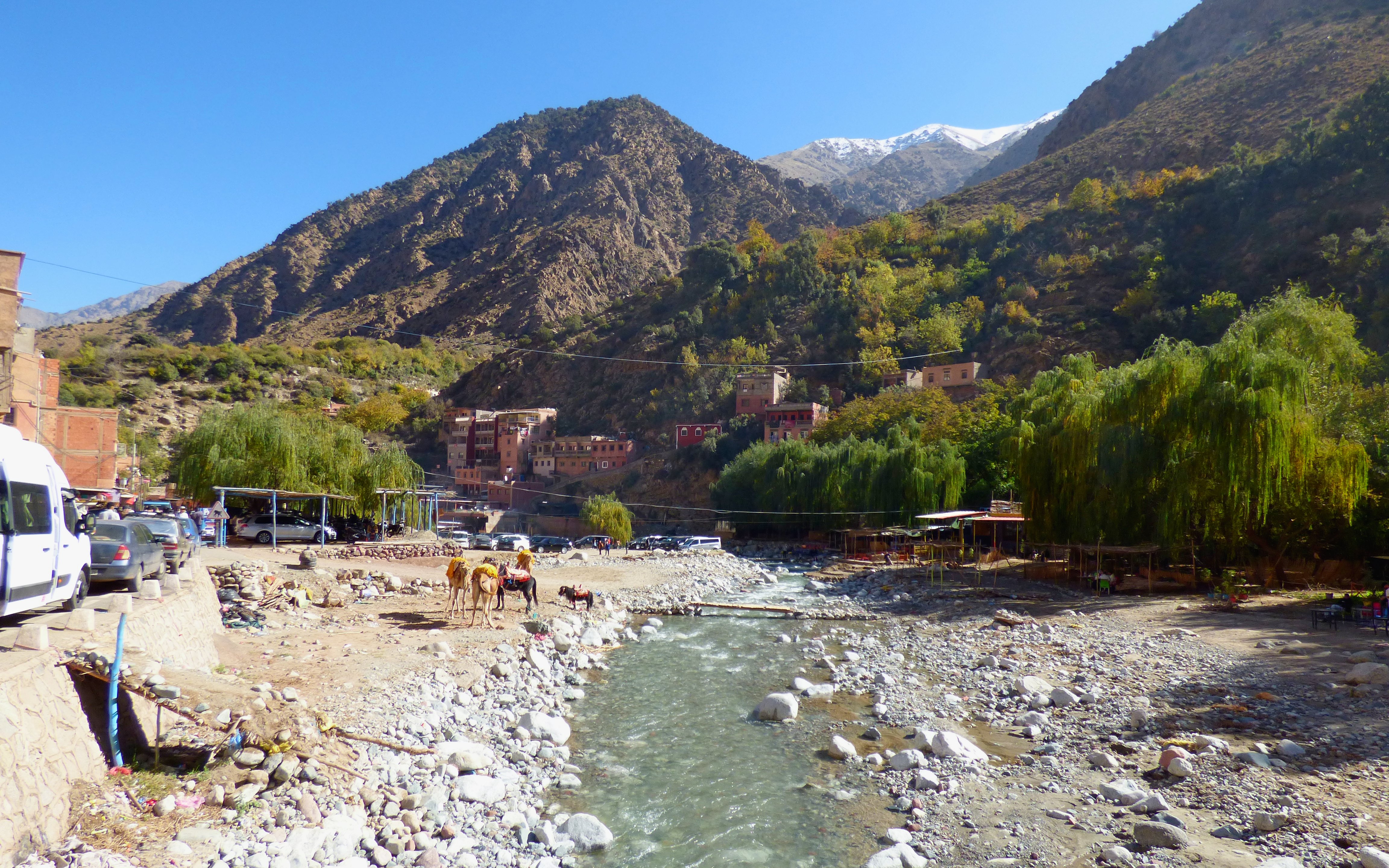 Mountain village with river and camels in Atlas Mountains near Marrakech.