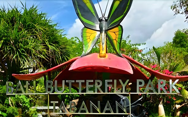 Bali Butterfly Park entrance with large butterfly sculpture in Tabanan.