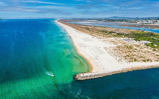 Aerial view of Ria Formosa beach and lagoon on a private tour in Portugal.
