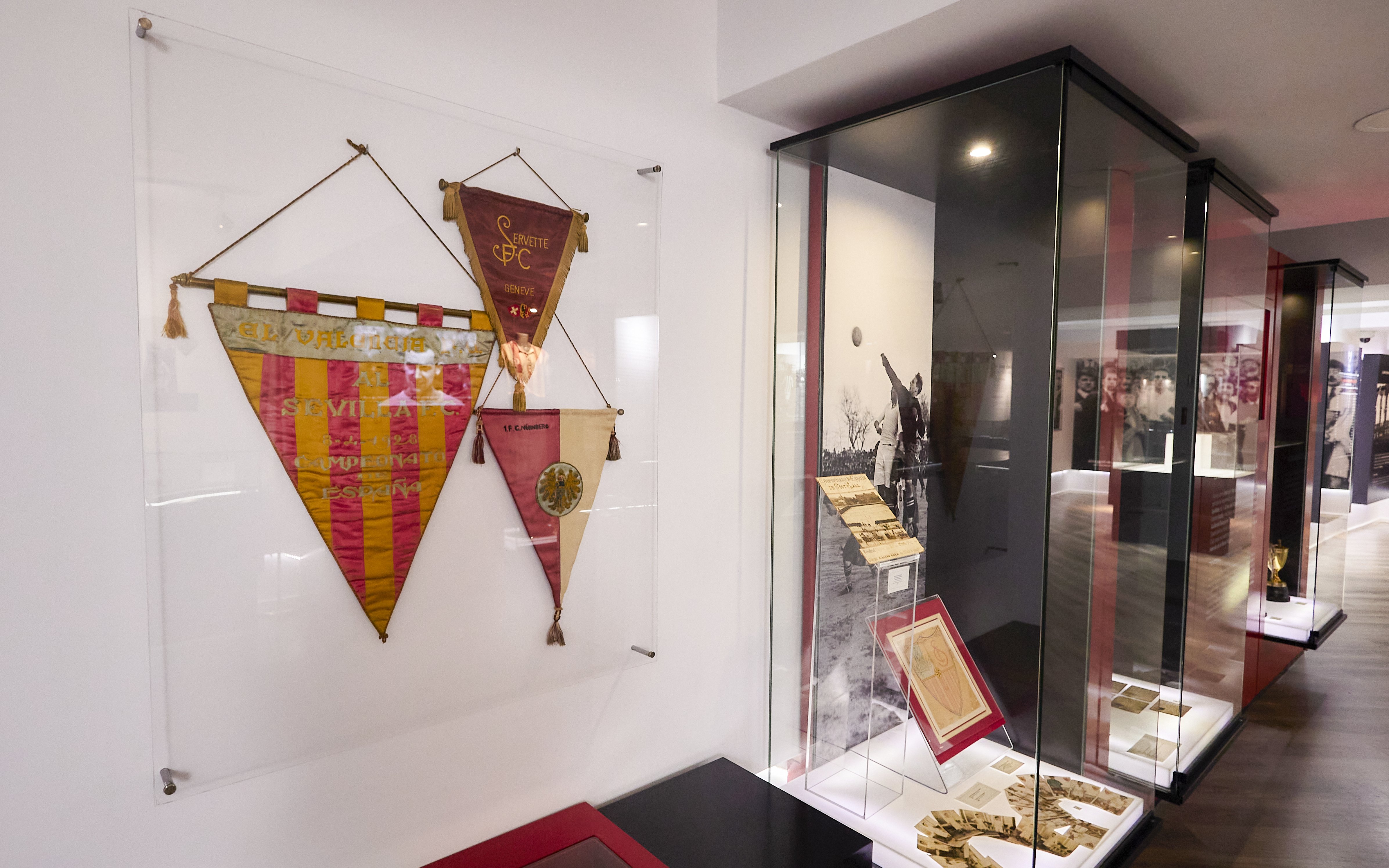 Football banners and memorabilia at Sevilla FC History Experience, Ramón Sánchez-Pizjuán Stadium.