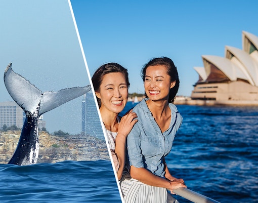 Whale tail in Sydney Harbour and two women smiling with Sydney Opera House in background.