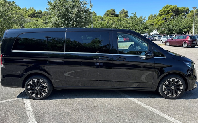 Mercedes E Class van side view in a parking lot with trees in the background.