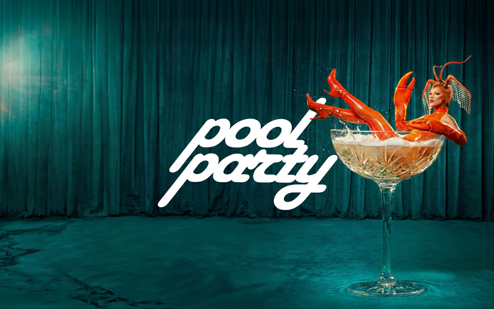 Lobster-themed performer in a champagne glass at Ibiza pool party.