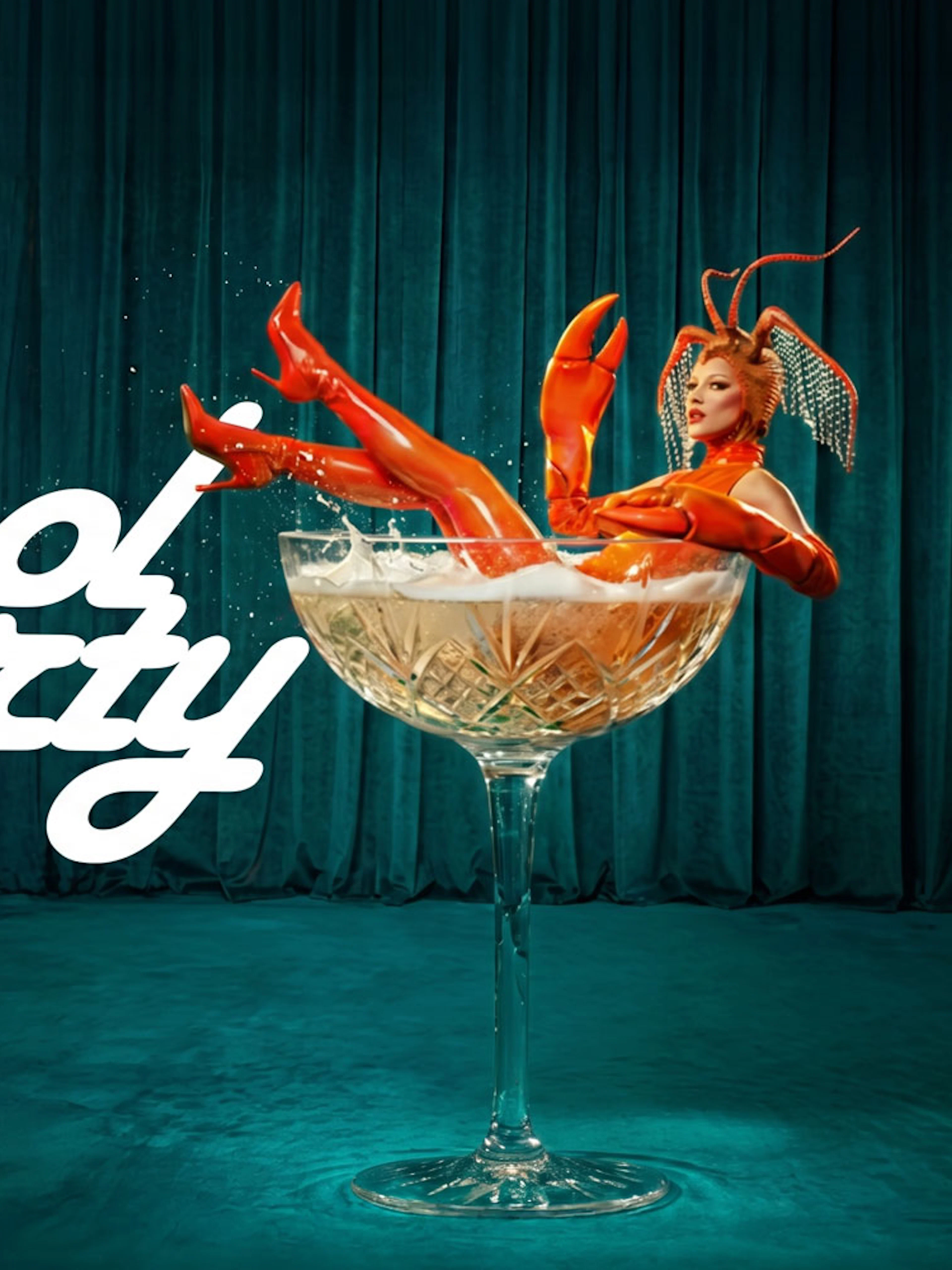Lobster-themed performer in a champagne glass at Ibiza pool party.
