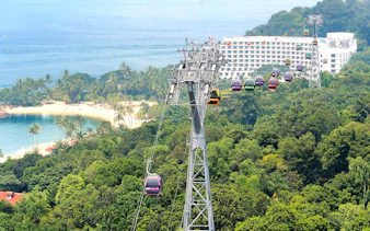 Aerial view of Singapore cityscape from cable car, featuring lush greenery and coastal scenery.