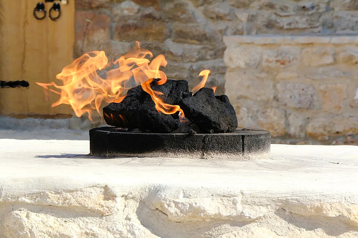 Burning natural gas rocks at Ateshgah Fire Temple, Baku.