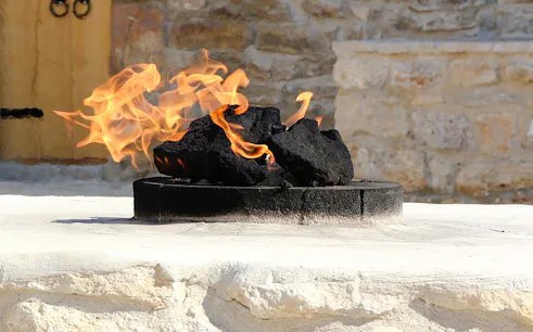 Burning natural gas rocks at Ateshgah Fire Temple, Baku.