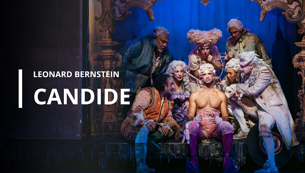 Performers in period costumes on stage during a production of Leonard Bernstein's Candide.