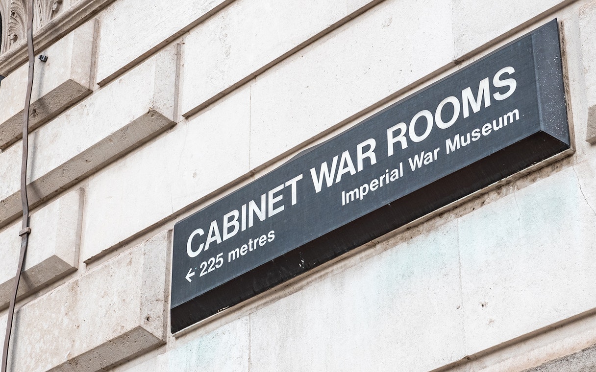 Sign for Cabinet War Rooms at Imperial War Museum, London.