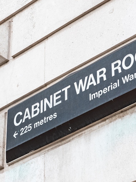 Sign for Cabinet War Rooms at Imperial War Museum, London.