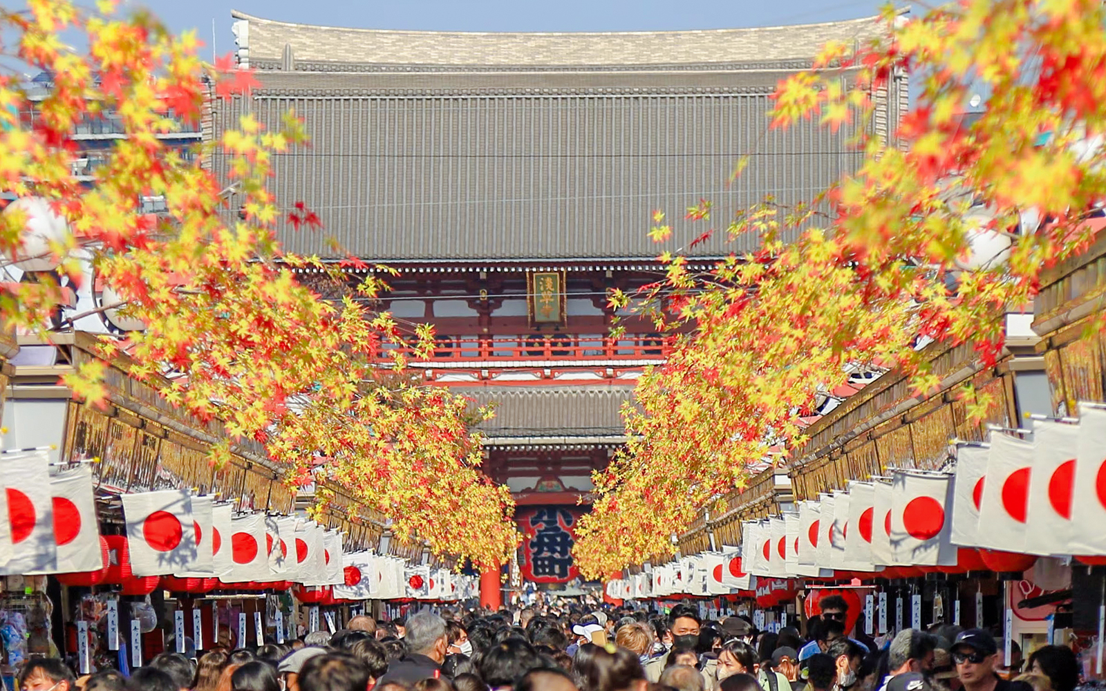 Crowds on Nakamise-dori Street in Tokyo, Japan, leading to Sensō-ji Temple.