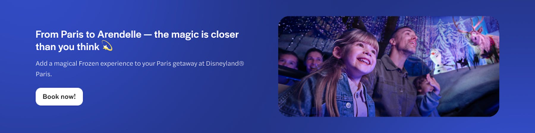 Child enjoying Frozen-themed attraction at Disneyland Paris with Olaf and Sven in the background.