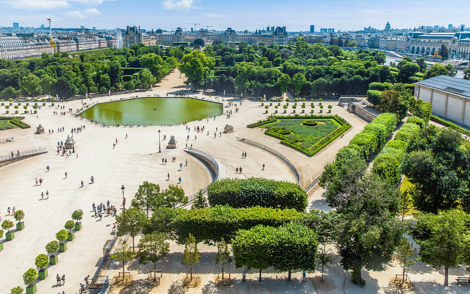 Tuileries Garden horseshoe ramps and terraces in Paris, France, showcasing historic architecture.