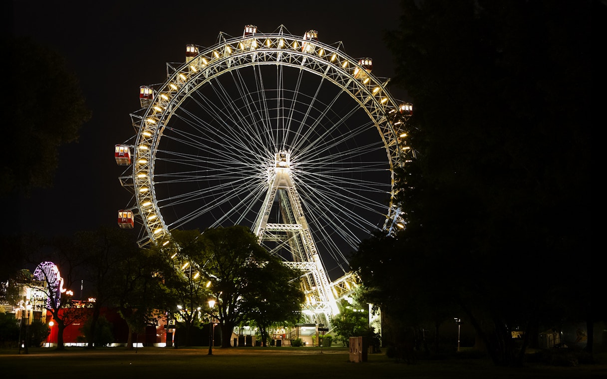 Giant Ferris Wheel in Vienna illuminated at night with trees in the foreground.