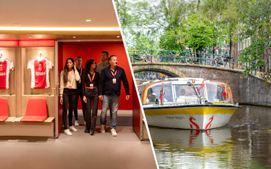 Johan Cruijff ArenA tour group and Amsterdam canal boat near bridge.