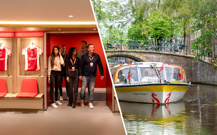 Johan Cruijff ArenA tour group and Amsterdam canal boat near bridge.