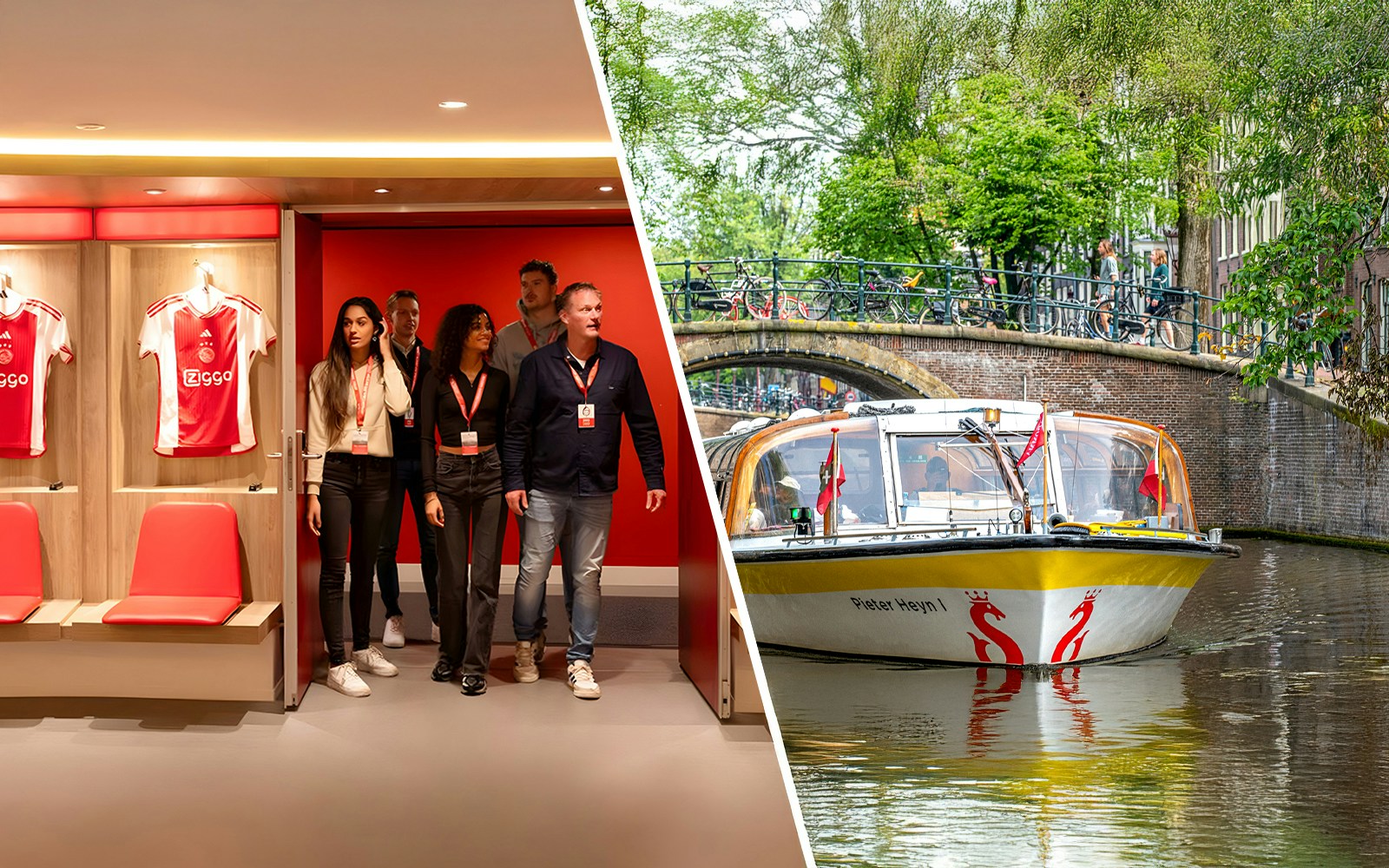 Johan Cruijff ArenA tour group and Amsterdam canal boat near bridge.