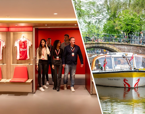 Johan Cruijff ArenA tour group and Amsterdam canal boat near bridge.