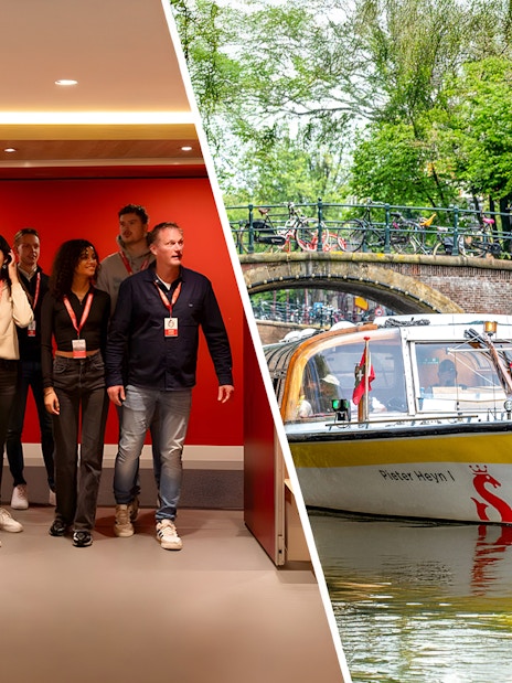 Johan Cruijff ArenA tour group and Amsterdam canal boat near bridge.
