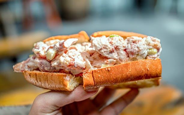 Boston lobster roll with creamy filling in a toasted bun.