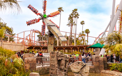 Sol Spin ride at Knott's Berry Farm with passengers in motion against a backdrop of palm trees and roller coasters.