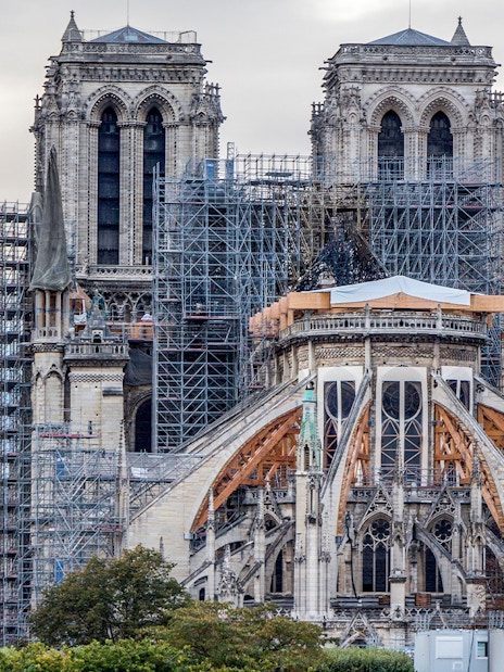 Notre Dame Cathedral under restoration with scaffolding, Paris.