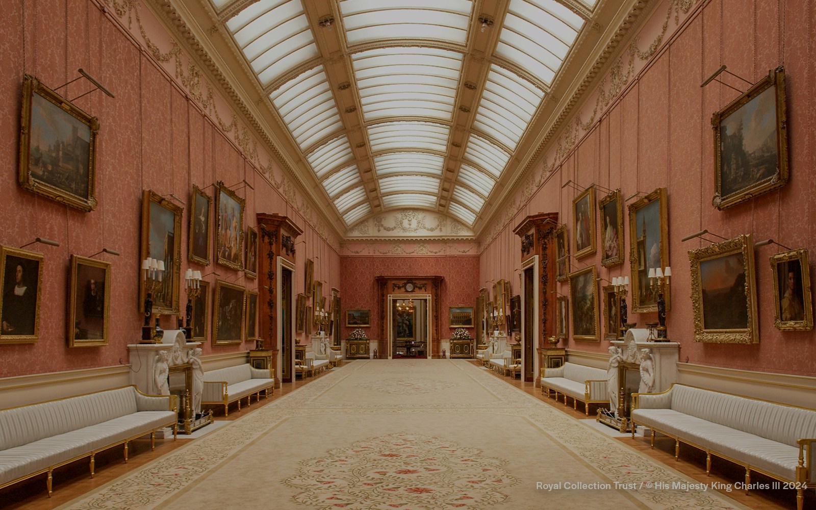 Buckingham Palace Picture Gallery with ornate paintings and elegant decor.