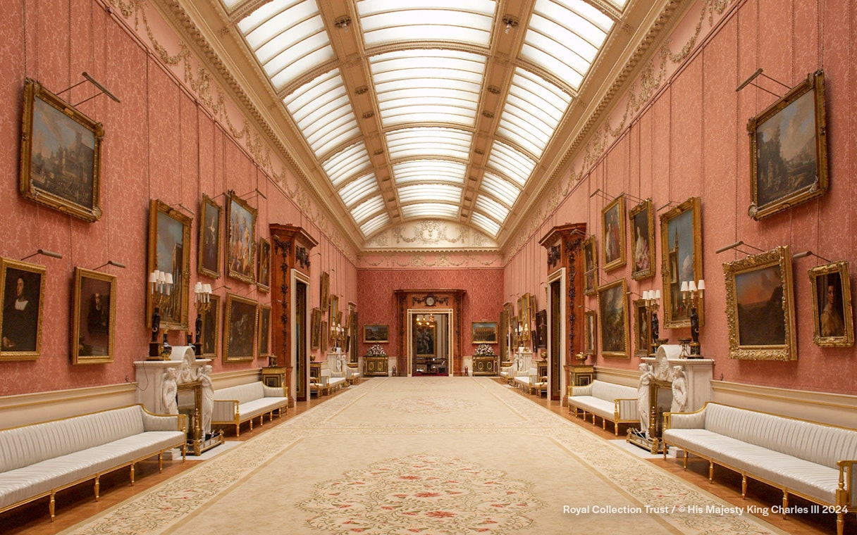 Buckingham Palace Picture Gallery with ornate paintings and elegant decor.