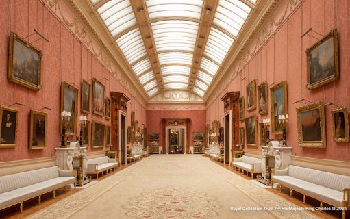 Buckingham Palace Picture Gallery with ornate paintings and elegant decor.