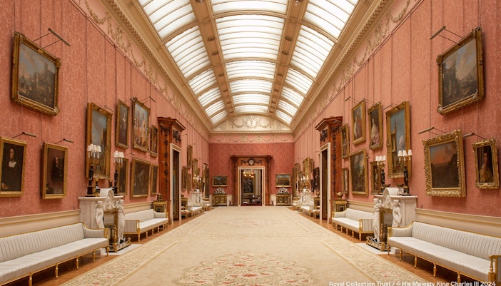 Buckingham Palace Picture Gallery with ornate paintings and elegant decor.