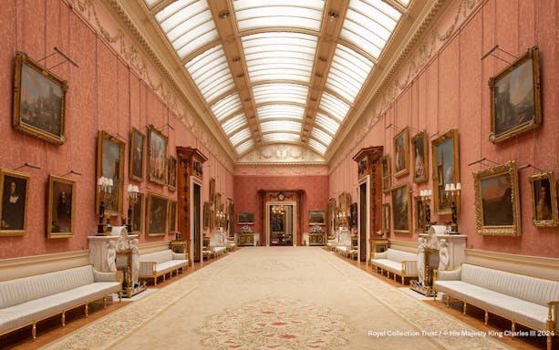 Buckingham Palace Picture Gallery with ornate paintings and elegant decor.