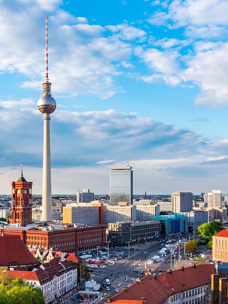 Berlin cityscape featuring the Berlin TV Tower and surrounding architecture.