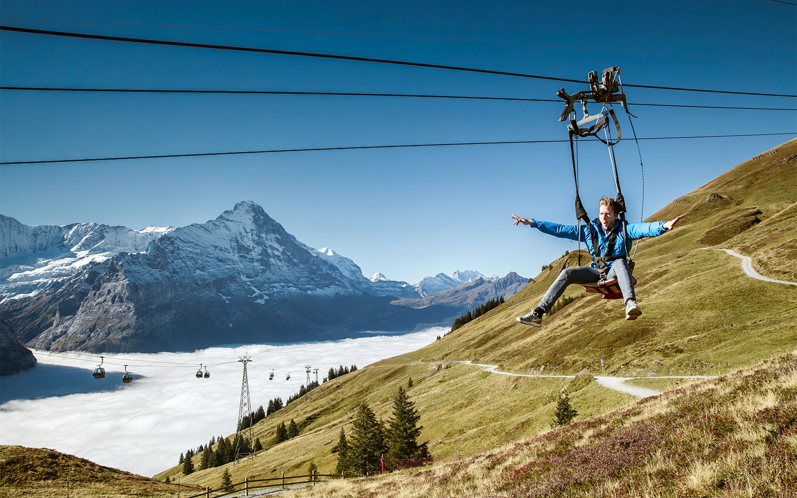 Tourists ziplining at First Flyer, Grindelwald First, Switzerland, with scenic mountain backdrop.