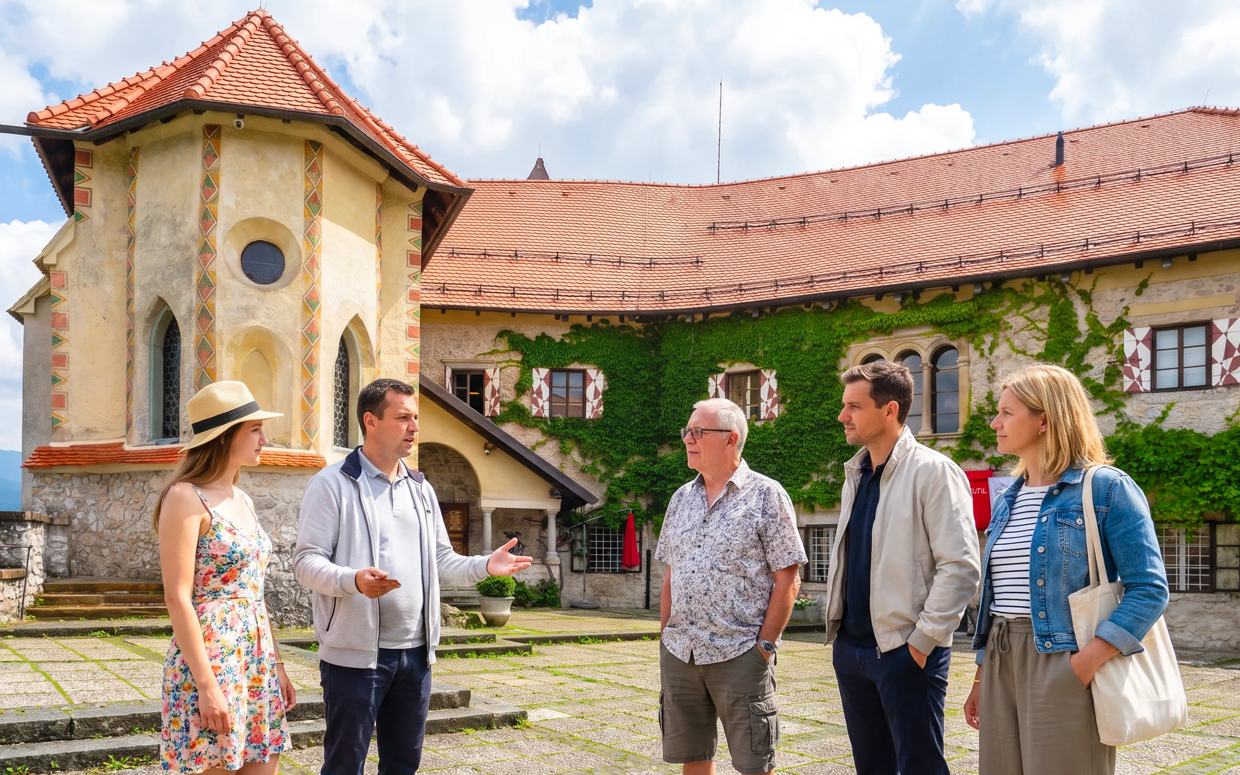Group tour in the courtyard of Bled Castle, Slovenia, with guide explaining history.