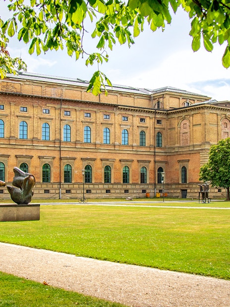 Alte Pinakothek exterior with sculpture in Munich, Germany.