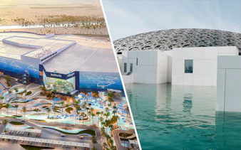 SeaWorld Abu Dhabi exterior and Louvre Abu Dhabi dome over water.