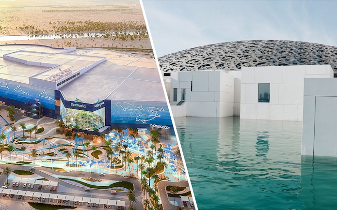 SeaWorld Abu Dhabi exterior and Louvre Abu Dhabi dome over water.