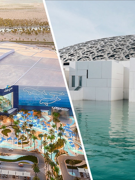 SeaWorld Abu Dhabi exterior and Louvre Abu Dhabi dome over water.