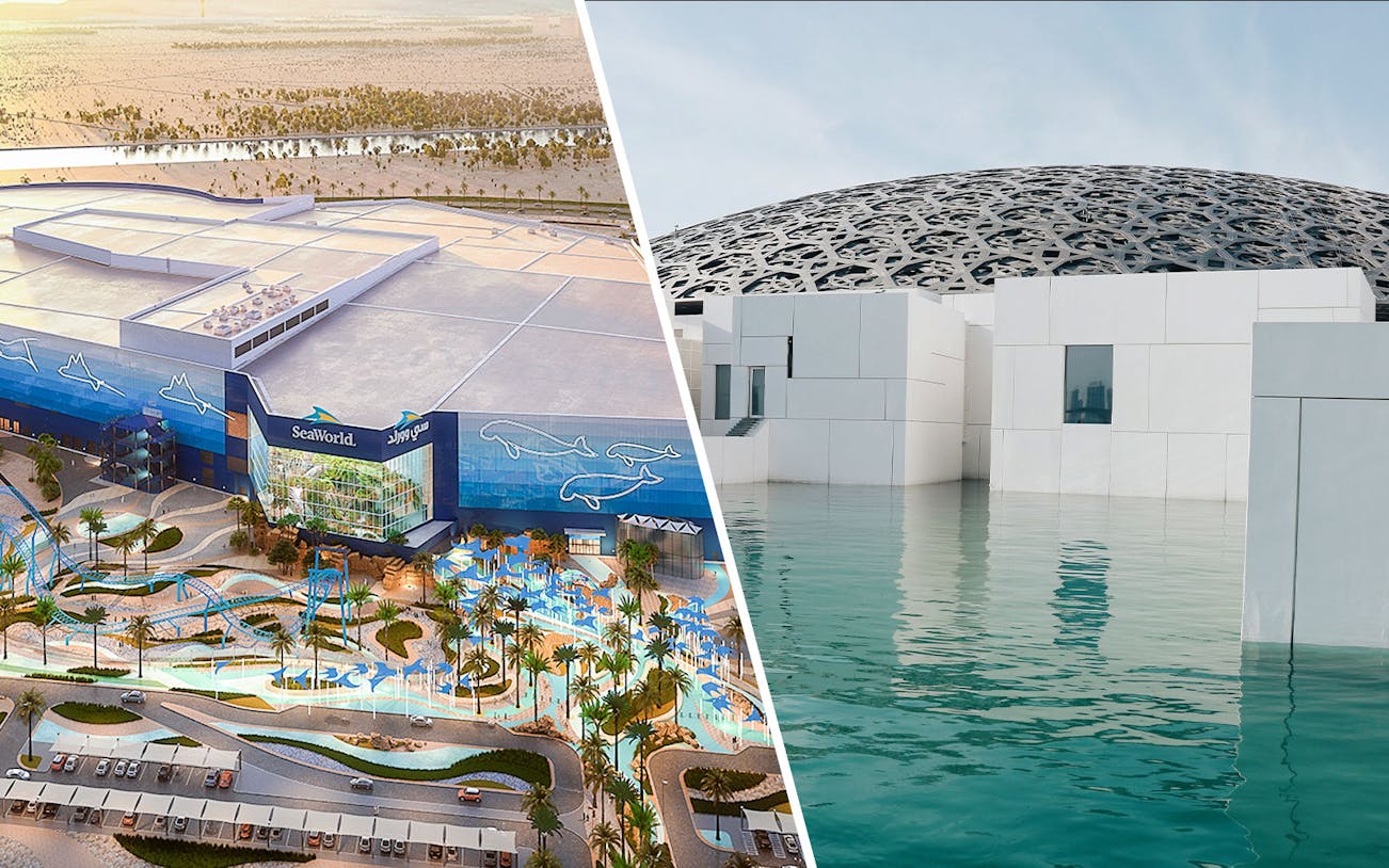 SeaWorld Abu Dhabi exterior and Louvre Abu Dhabi dome over water.