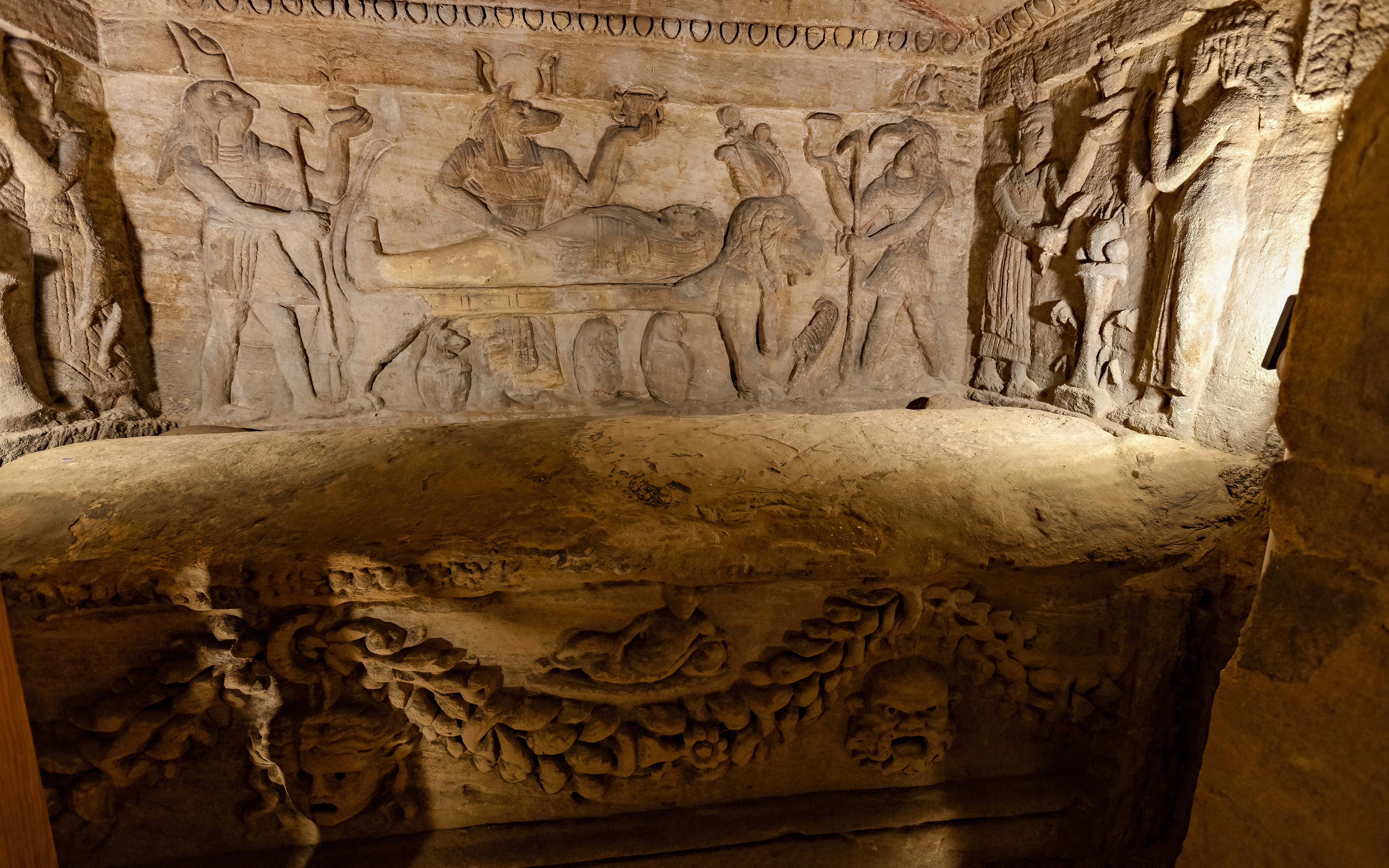Ancient carvings inside the Catacombs of Kom el Shoqafa, Alexandria, Egypt.