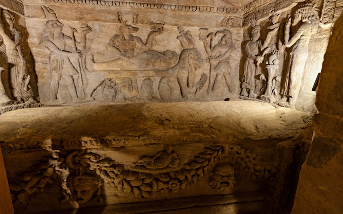 Ancient carvings inside the Catacombs of Kom el Shoqafa, Alexandria, Egypt.