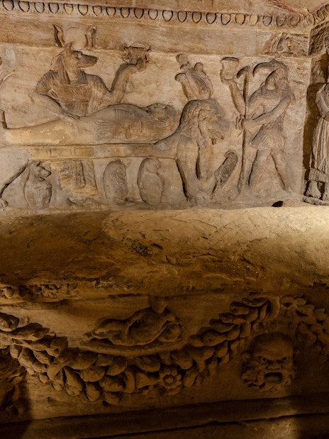 Ancient carvings inside the Catacombs of Kom el Shoqafa, Alexandria, Egypt.