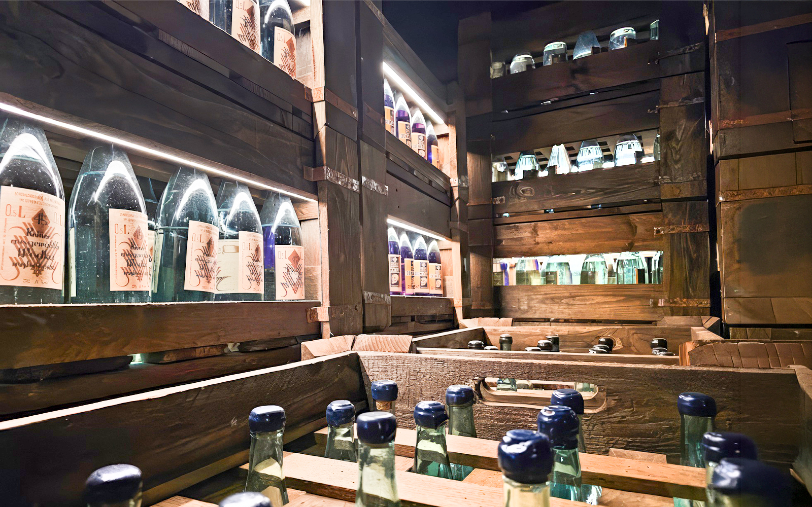Vodka bottles displayed on wooden shelves at a museum in Krakow.