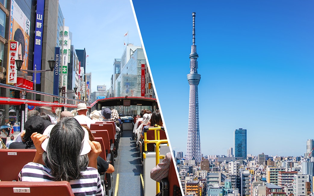 Open-top bus tour in Tokyo with view of Tokyo Skytree.