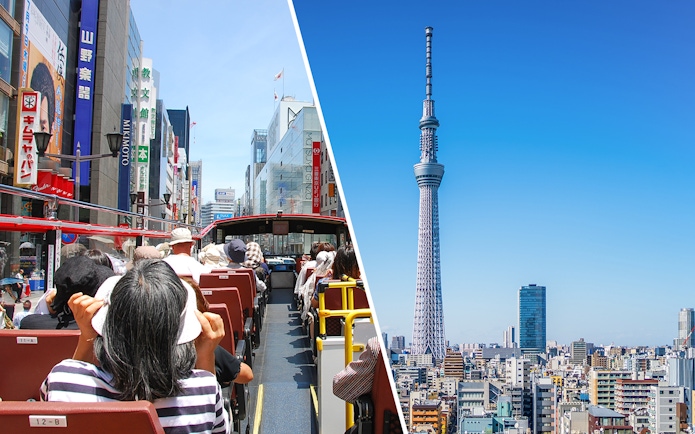 Open-top bus tour in Tokyo with view of Tokyo Skytree.